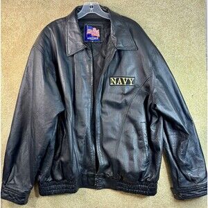 USN US Navy US Leather Embroidered Patch Leather Bomber Jacket Size 2XL READ